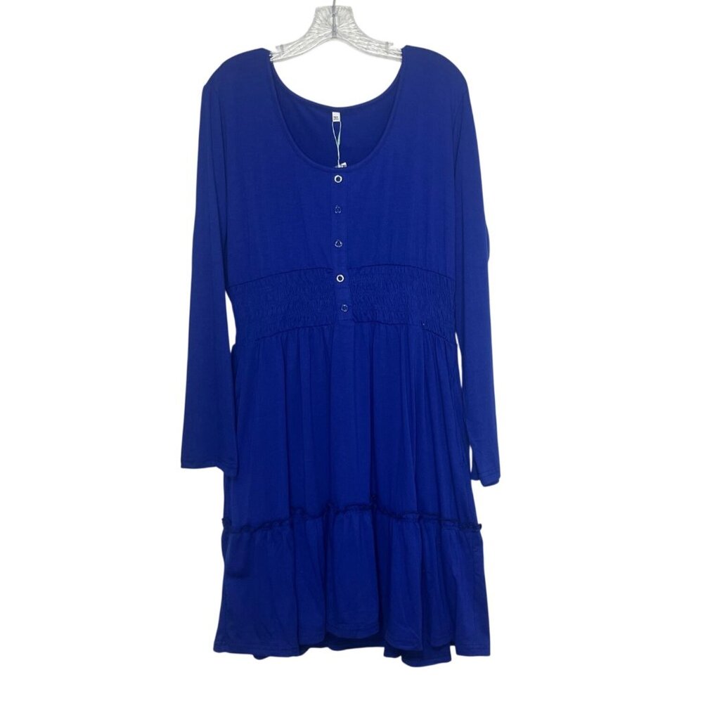Auselily Long Sleeve Dress 2XL Blue New Smocked Waist Tiered Cottage Boho‎